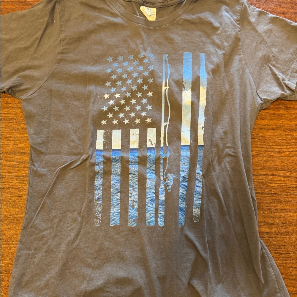 Gray T-Shirt with Blue and White Flag Design